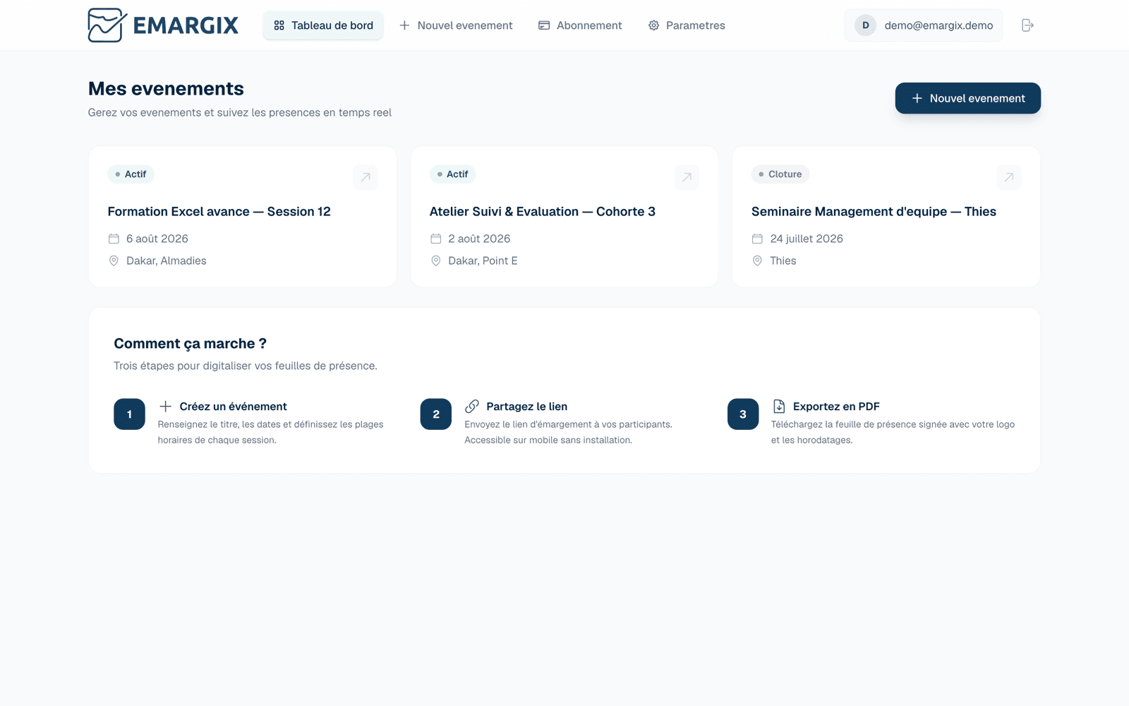 Tableau de bord Emargix : liste d'événements avec statut de présence